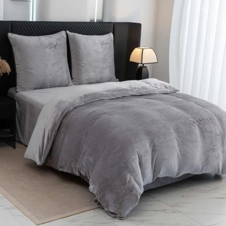 Pościel haftowana 200x220 mikrofibra "miś" Cotton World gruba 3 części 2879 szara