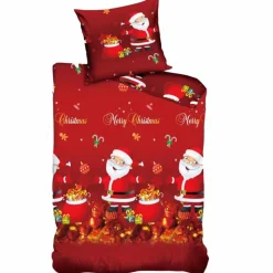 Pościel świąteczna 160x200 bawełna satynowa dwustronna Fashion Home gruba 3 części A031 czerwona Mikołaj z prezentam