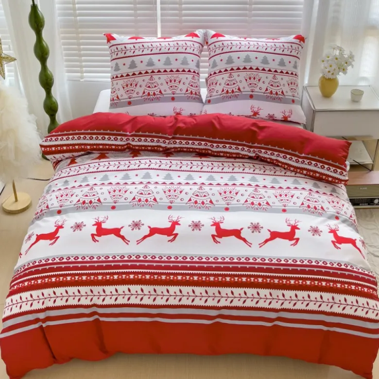 Pościel świąteczna 140x200 bawełna satynowa dwustronna GierekHoff gruba 2 części GH 3029 czerwona w renifery