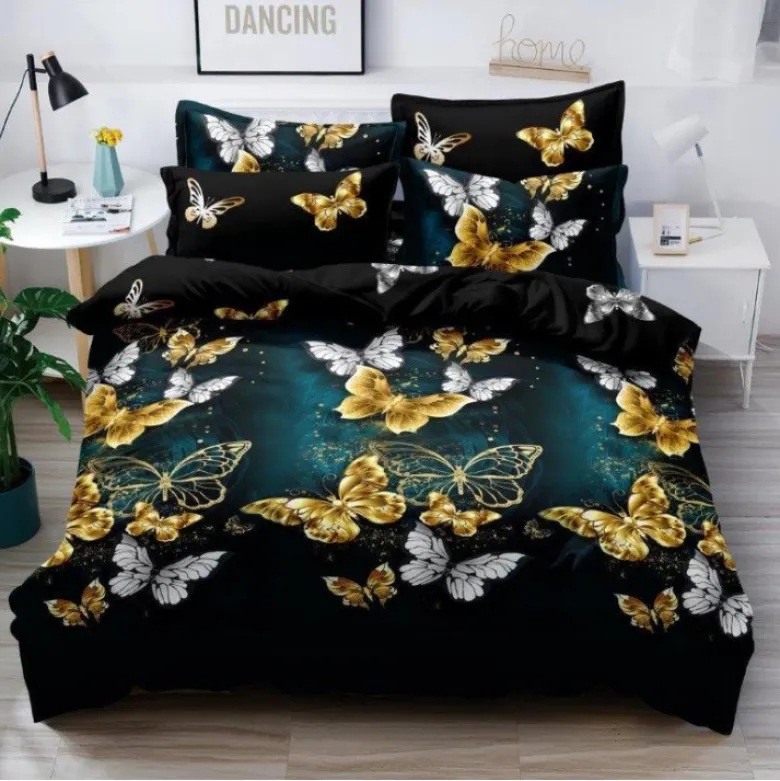 Pościel 160x200 bawełna satynowa 3D Cotton World gruba 3 części 1403 złote motyle