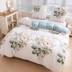 Pościel 200x220 bawełna satynowa dwustronna GierekHoff gruba 3 części GH 3051 kwiaty zielona