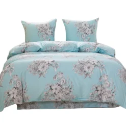 Pościel 220x200 bawełna satynowa dwustronna Cotton World gruba 3 części AML 3051 błękitna w kwiaty