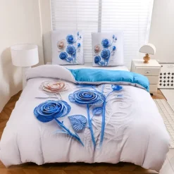 Pościel 140x200 bawełna satynowa wzór 5D dwustronna GierekHoff gruba 2 części GH 3130 Błękitny Quilling