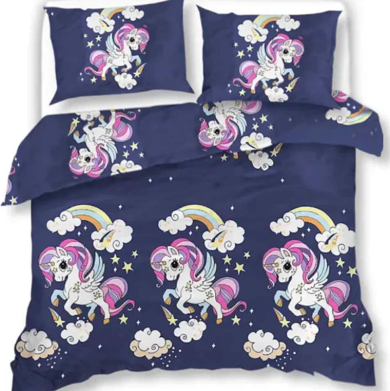 Pościel 160x200 dla dzieci bawełna satynowa 3D Cotton World gruba 3 części 2513 jednorożec granat