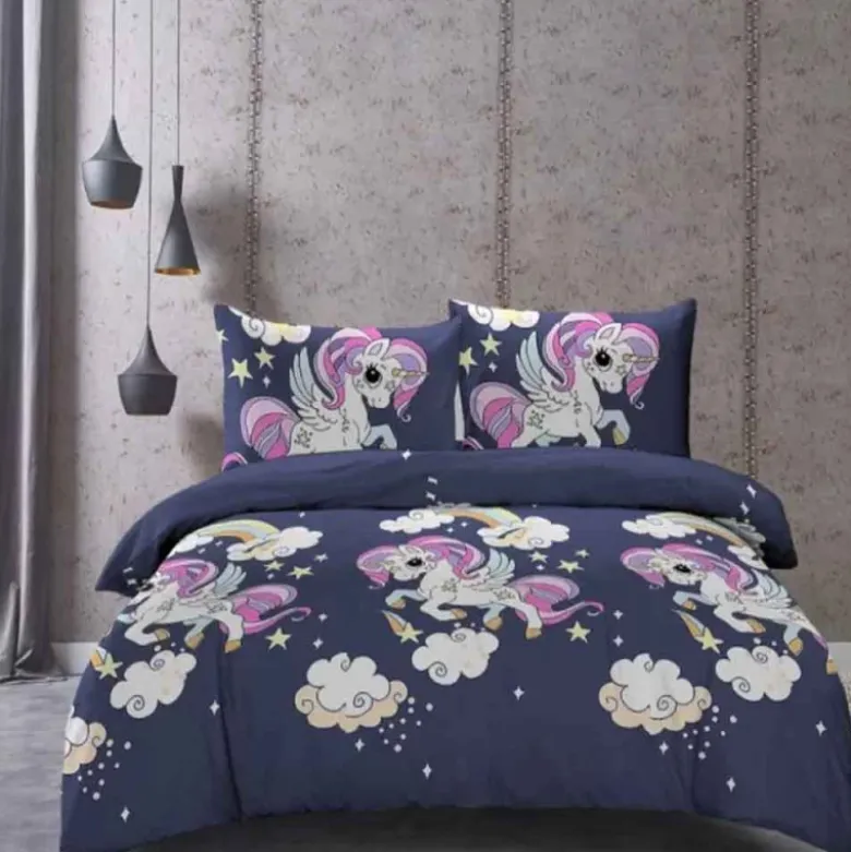 Pościel 160x200 dla dzieci bawełna satynowa 3D Cotton World gruba 3 części 2513 jednorożec granat