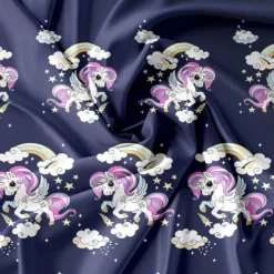 Pościel 160x200 dla dzieci bawełna satynowa 3D Cotton World gruba 3 części 2513 jednorożec granat