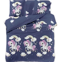 Pościel 160x200 dla dzieci bawełna satynowa 3D Cotton World gruba 3 części 2513 jednorożec granat