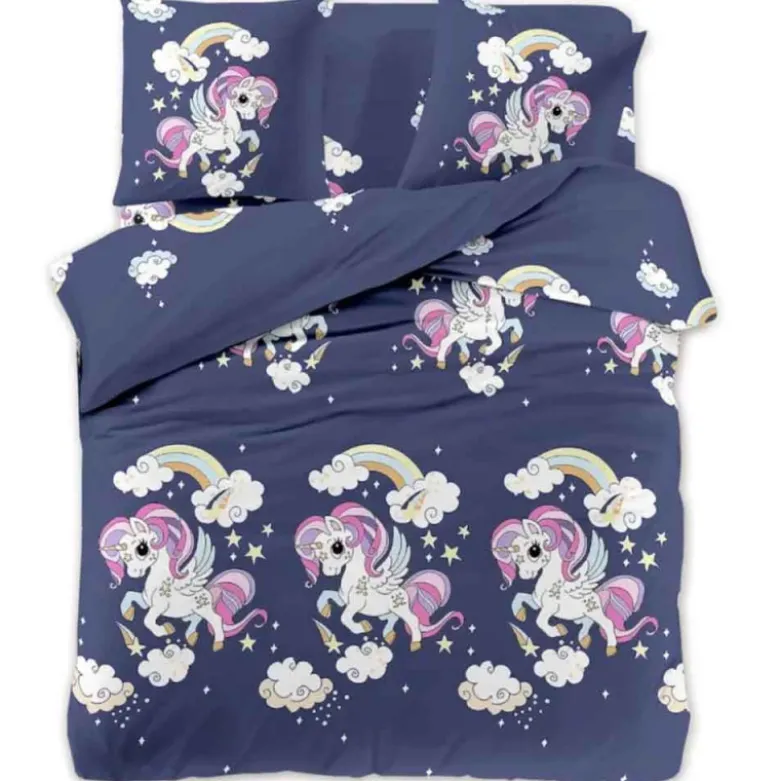 Pościel 160x200 dla dzieci bawełna satynowa 3D Cotton World gruba 3 części 2513 jednorożec granat