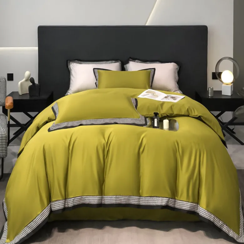Pościel 160x200 luksusowa z falbanką w kratkę Cotton World gruba 3 części 2674 oliwkowa