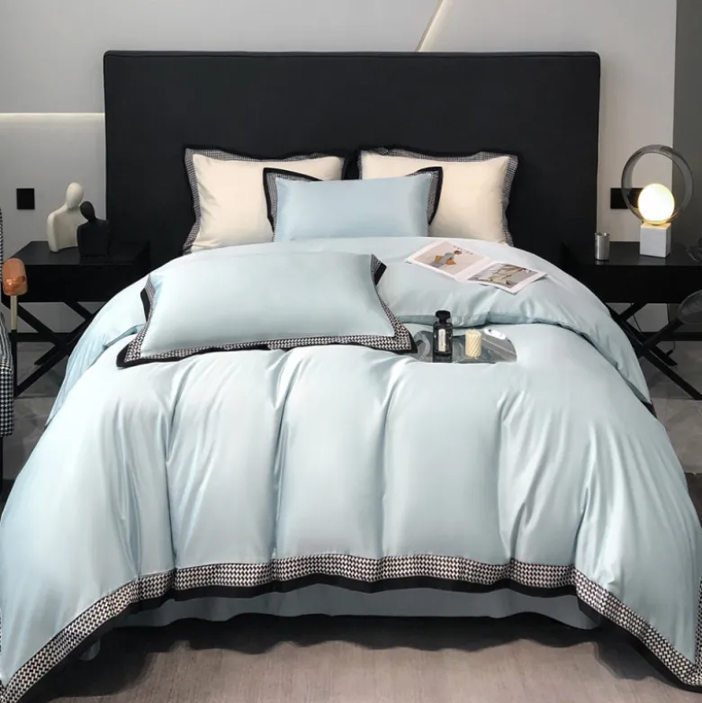 Pościel 200x220 luksusowa z falbanką w kratkę Cotton World gruba 3 części 2673 błękitna