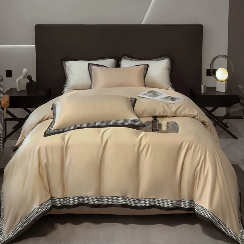 Pościel 200x220 luksusowa z falbanką w kratkę Cotton World gruba 3 części 2675 jasny brąz