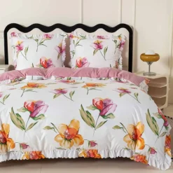 Pościel z falbanką 140x200 mikrofibra Cotton World 2 części różowa w kwiaty 2903