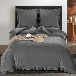 Pościel z falbanką 200x220 mikrofibra "miś" Cotton World gruba 3 części 2577 grafitowa