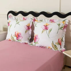 Pościel z falbanką 220x200 mikrofibra Cotton World 3 części różowa w kwiaty 2903