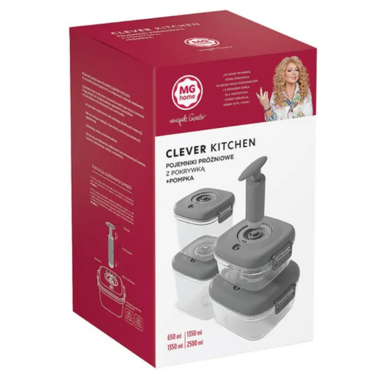 Pojemniki próżniowe na żywność MG Home Clever 650/1350/2500 ml w zestawie z pompką szare