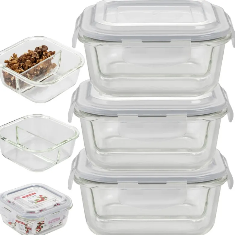 Pojemniki szklane dzielone dwukomorowe Florina Frigo 750 ml zestaw 3 sztuki kwadratowe lunchbox hermetyczne