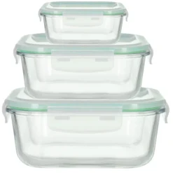 Pojemniki szklane kwadratowe lunchbox GierekHoff Corio GH 1102 zestaw 3 sztuki żaroodporne hermetyczne 1200/800/320 ml