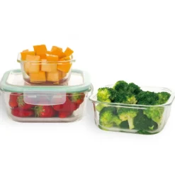 Pojemniki szklane kwadratowe lunchbox GierekHoff Corio GH 1102 zestaw 3 sztuki żaroodporne hermetyczne 1200/800/320 ml