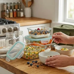 Pojemniki szklane kwadratowe lunchbox GierekHoff Corio GH 1115 zestaw 4 sztuki żaroodporne hermetyczne 800/520/320/150 ml