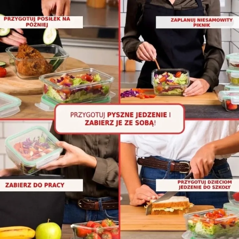 Pojemniki szklane kwadratowe lunchbox GierekHoff Corio GH 1115 zestaw 4 sztuki żaroodporne hermetyczne 800/520/320/150 ml