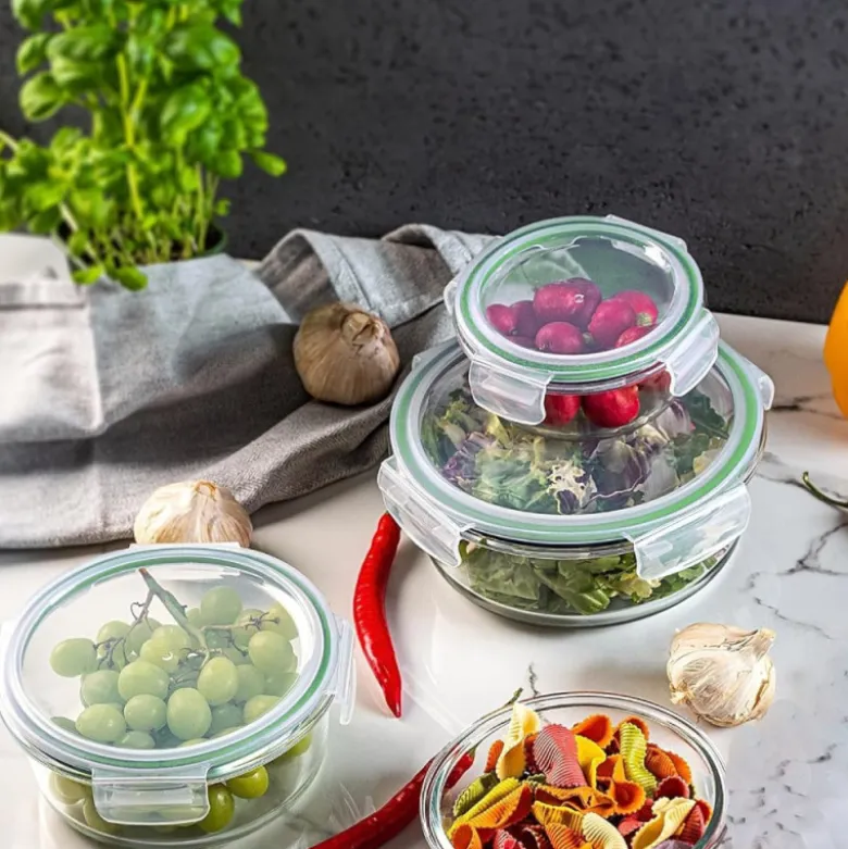 Pojemniki szklane okrągłe lunchbox GierekHoff Corio GH 1101 zestaw 3 sztuki żaroodporne hermetyczne 1200/950/400 ml