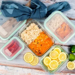 Pojemniki szklane prostokątne lunchbox GierekHoff Corio GH 1103 zestaw 4 sztuki żaroodporne hermetyczne 1520/1050/640/370 ml