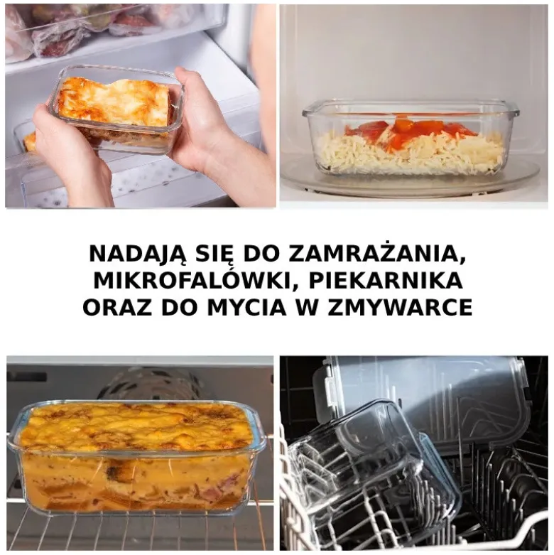 Pojemniki szklane prostokątne lunchbox GierekHoff Corio GH 1103 zestaw 4 sztuki żaroodporne hermetyczne 1520/1050/640/370 ml