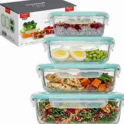 Pojemniki szklane prostokątne lunchbox GierekHoff Corio GH 1114 zestaw 4 sztuki żaroodporne hermetyczne 1050/640/370/200 ml