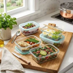 Pojemniki szklane prostokątne lunchbox GierekHoff Corio GH 1114 zestaw 4 sztuki żaroodporne hermetyczne 1050/640/370/200 ml
