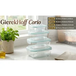 Pojemniki szklane prostokątne lunchbox GierekHoff Corio GH 1114 zestaw 4 sztuki żaroodporne hermetyczne 1050/640/370/200 ml