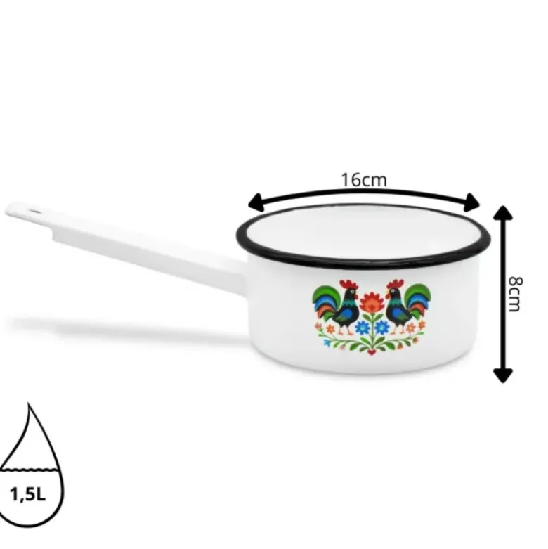 Rondel tradycyjny emaliowany 16 cm z uchwytem stalowy biały Folk 1,5 l Tragar