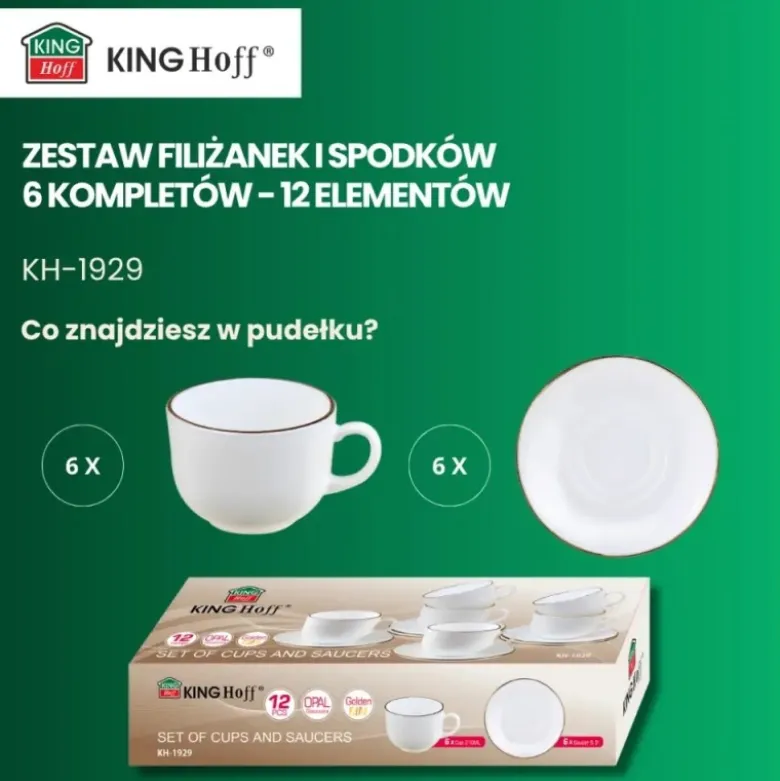 Serwis kawowy filiżanki białe z złotem i spodkiem do kawy i herbaty 210 ml Kinghoff