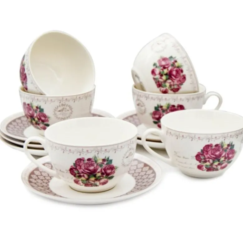 Serwis kawowy z porcelany w kompozycje kwiatowe filiżanki 270 ml ze spodkami do kawy herbaty na 6 osób Tragar