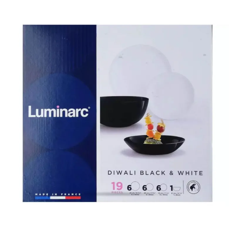 Serwis obiadowy biało czarny Diwali Luminarc 19 elementów talerze dla 6 osób