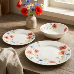 Serwis obiadowy 18 elementów GierekHoff Aura Sielska Łąka białe talerze dla 6 osób wzór kwiaty GH 1241