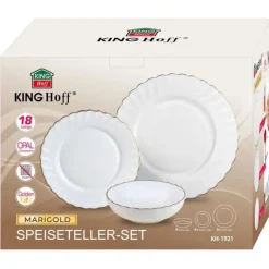 Serwis obiadowy 18 elementów Kinghoff MARIGOLD białe talerze dla 6 osób wzór ze złotym zdobieniem