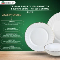 Serwis obiadowy 18 elementów Kinghoff MARIGOLD białe talerze dla 6 osób wzór ze złotym zdobieniem
