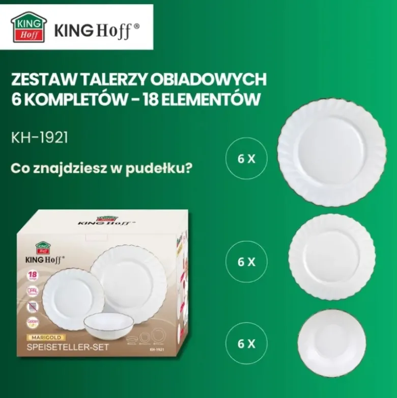 Serwis obiadowy 18 elementów Kinghoff MARIGOLD białe talerze dla 6 osób wzór ze złotym zdobieniem