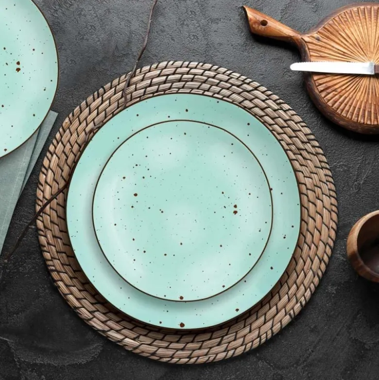 Serwis obiadowy 36 elementów porcelanowy MG Home Gemma Green zestaw talerzy dla 12 osób miętowe nakrapiane