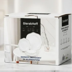Serwis obiadowy 24 elementy GierekHoff Lotus białe talerze dla 6 osób wzór złoty pasek GH 1246