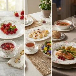 Serwis obiadowy 32 elementy GierekHoff Spring Berry białe talerze dla 6 osób złote brzegi wzór kwiaty i poziomki