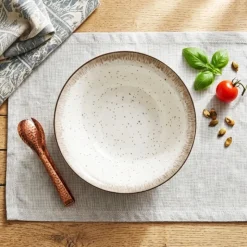 Serwis obiadowy porcelana 18 elementów Atom Hello Sand beżowe talerze dla 6 osób nakrapiane