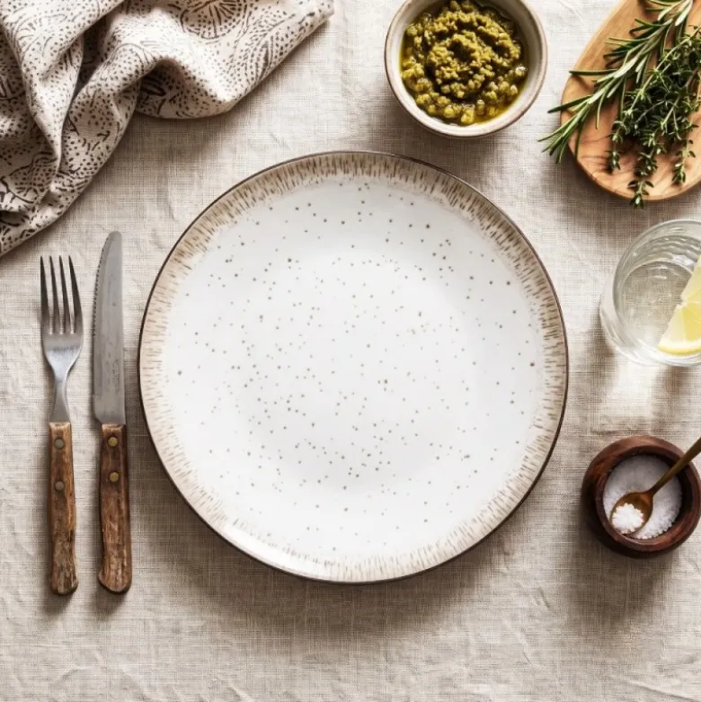 Serwis obiadowy porcelana 18 elementów Atom Hello Sand beżowe talerze dla 6 osób nakrapiane