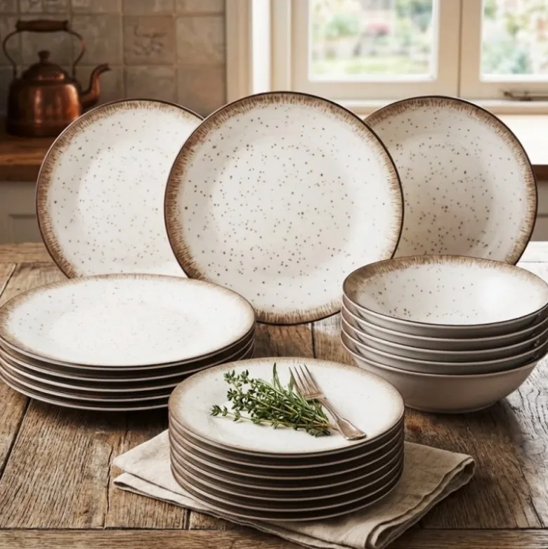 Serwis obiadowy porcelana 18 elementów Atom Hello Sand beżowe talerze dla 6 osób nakrapiane