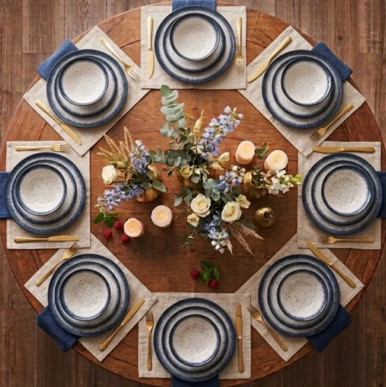 Serwis obiadowy porcelana 24 elementy Atom Hello Blue talerze kubki dla 6 osób granatowe nakrapiane