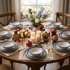 Serwis obiadowy porcelana 24 elementy Atom Hello Blue talerze kubki dla 6 osób granatowe nakrapiane