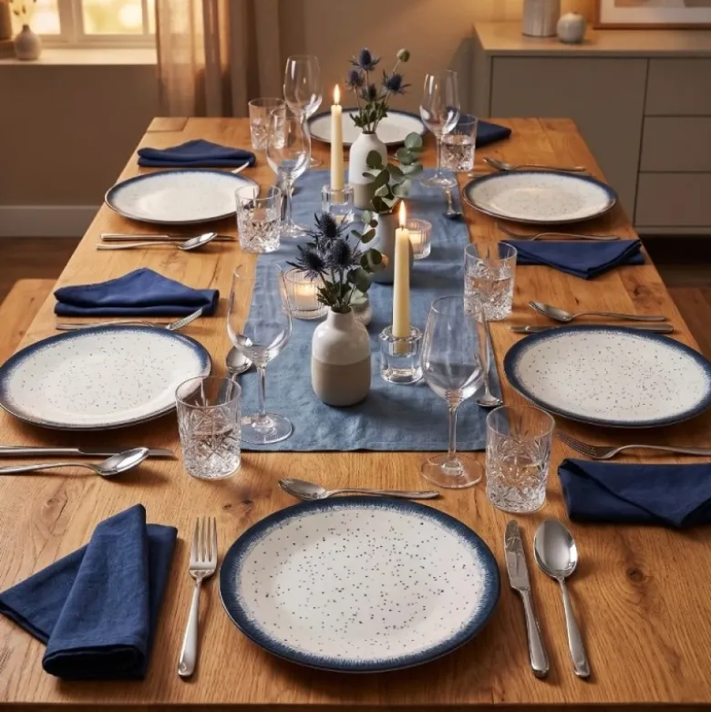 Serwis obiadowy porcelana 24 elementy Atom Hello Blue talerze kubki dla 6 osób granatowe nakrapiane