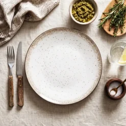Serwis obiadowy porcelana 24 elementy Atom Hello Sand beżowe talerze kubki dla 6 osób nakrapiane