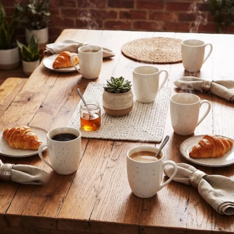 Serwis obiadowy porcelana 24 elementy Atom Hello Sand beżowe talerze kubki dla 6 osób nakrapiane