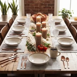 Serwis obiadowy porcelana 24 elementy Atom Hello Sand beżowe talerze kubki dla 6 osób nakrapiane